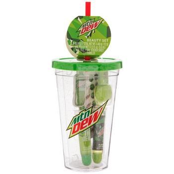 Dimensions: 6" H x 3.88" W x 3.88" D Straw Length: 9" Material: Plastic Color: Green, White & Red Care & Safety: Not A Food Product UPC: 889628181823 Quantity: 1 Set Includes: 2 - Lip Glosses 0.40 Ounces(12g) 1 - Nail Polish 0.13 Ounces(3.8ml) 1 - Nail File 1 - Nail Sticker Sheet 1 - Tumbler Drink up your favorite beverage while keeping yourself looking stylish by using this Mountain Dew Beauty Tumbler Set! This quirky set features a clear tumbler topped with a striking green lid. Inside the tum Matching Makeup, Clear Tumbler, Fireman Hat, Cute Nail Polish, Green White Red, Soda Recipe, Clear Tumblers, Makeup Supplies, Pretty Jewelry Necklaces