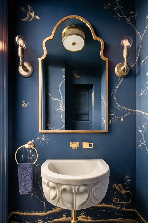 #bathroom #eclectic #blue #ornate #wallpaper #gold #mirror Gold Bathroom Interior Design, Cool Bathroom Aesthetic, Small Bathroom Design With Wallpaper, Beautiful Bathroom Mirrors, Blue Gold Interior Design, Blue Gold Room, Blue And Gold Bathroom Ideas, Wallpaper Inspiration Home Decor, Blue Gold Bathroom