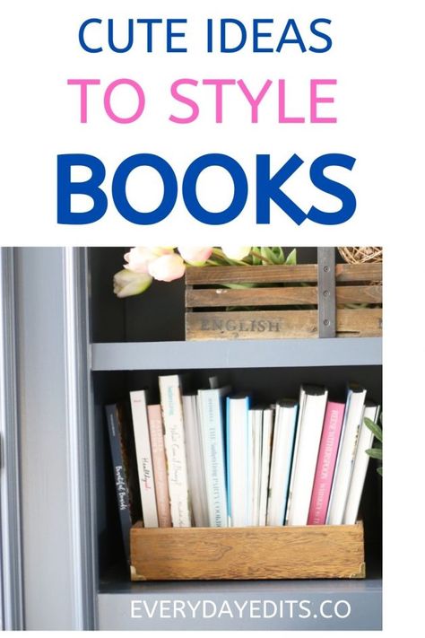 Cute idesa to Style Books How to Style Books with scraps and craft supplies Books On Shelves, Decorating With Books, Wood File, White Shiplap Wall, Garage Sale Finds, Makeover Ideas, Milk Cans, Painted Books, Ship Lap Walls