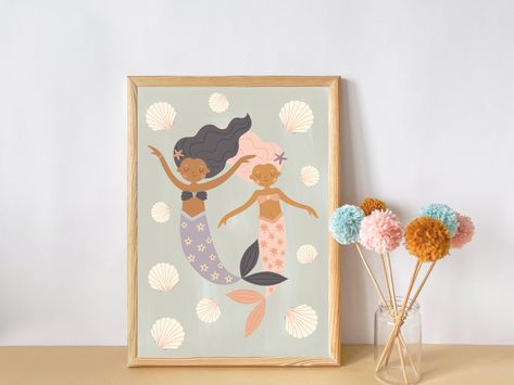 Girls mermaid and shell print. Wall art for girls room, girls nursery or playroom. by PrintsandBobsByJo on Etsy