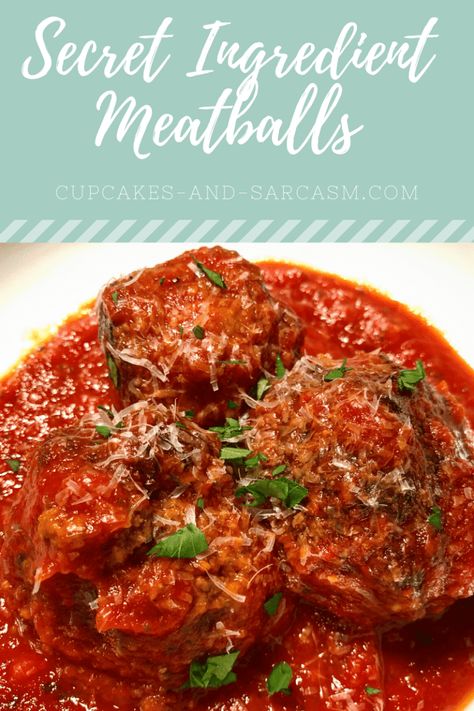 Secret Ingredient Meatballs - Cupcakes and Sarcasm Meatball Cupcakes, Moist Meatballs, Best Meatballs, Large Plates, Spaghetti Sauce, Secret Ingredient, Meatball Recipes, Weeknight Dinners, Bbq Sauce