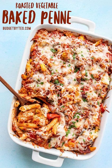 Roasted Vegetable Baked Ziti, Pasta Rasta, Homemade Red Sauce, Baked Mostaccioli, Penne Pasta Recipes, Roasted Vegetable Pasta, Baked Penne, Red Sauce Pasta, Budget Bytes