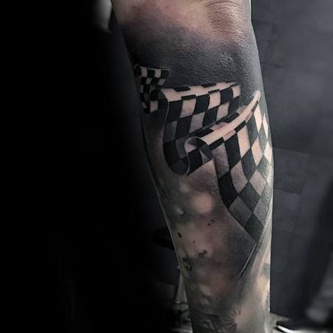 Racing Flag 3d Forearm Sleeve Mens Tattoo Ideas With Rad Design Car Guy Tattoos, Checkered Flag Tattoo, Motocross Tattoo, Racing Tattoos, Stair Makeover, Trending Tattoo, Flag Tattoo, Car Tattoos, Painted Stairs