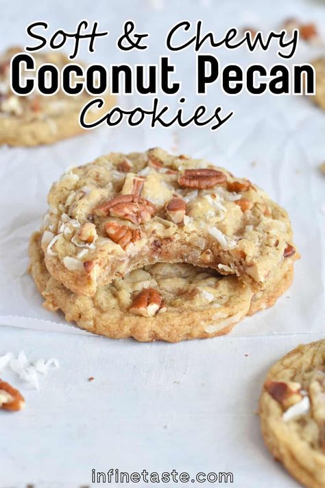 These rich, buttery coconut pecan cookies are soft, chewy with a flavor reminiscent of pecan pie cookies. They are simple to make with gourmet taste. You’ll love this unique cookie flavor, make them for your family for Christmas, holiday cookie exchange, or any time of year. Cookie With Nuts Recipes, Pecan Cookies With Powdered Sugar, Coconut Pecan Desserts, Chewy Coconut Pecan Cookies, Best Coconut Cookies Recipes, Coconut Pecan Cookies Chewy, Fruit Cocktail Cookies, Pecan Meltaway Cookies, Asian Cookies Recipes