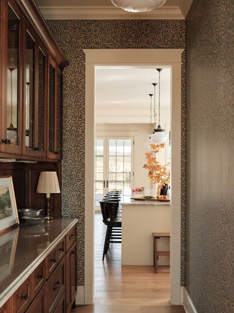 Historic New Construction - Kitchen, Butler's Pantry, Dining Room Tour - Peach + Pine Interiors Bronze Light Fixture, Natural Stone Countertops, Curved Wood, Wood Bar Stools, Butler's Pantry, Wallpaper Pattern, Studio Mcgee, Building A New Home, Stone Countertops