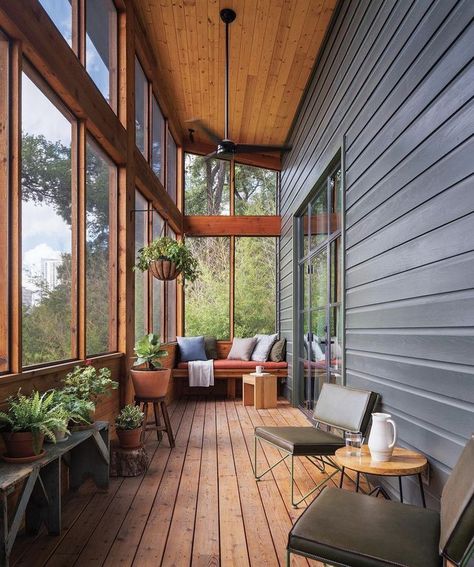 Screened In Porch With Privacy Wall, Screened Porch Inspiration, Mcm Screened Porch, Raised Screened In Porch, Screened In Porch Privacy Ideas, Front Porch Enclosure Ideas, Narrow Screened In Porch, Modern Screen Porch, Porch Enclosure Ideas