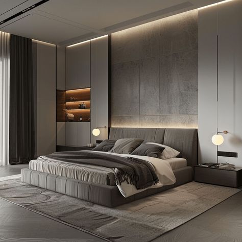 Contemporary bedroom illustrating the increasing trend of sleek uncluttered and purposeful design Master Bedrrom, Beautiful Bed Designs, Unique Bedroom Design, Classy Bedroom, Luxury Bedroom Master, Modern Bedroom Design, Decoration Inspiration, Small Room Bedroom, Contemporary Bedroom