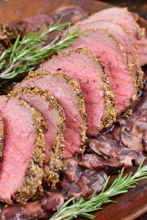 This roasted Beef Tenderloin is incredibly tender, juicy, and flavorful, it's perfect for holiday dinners and special events! The tenderloin is wonderfully seasoned with a mix of salt, pepper, garlic, and herbs to a flavor-packed bite. It tastes amazing paired with homemade mushroom red wine sauce. Beef Tenderlion, Beef Tenderloin Roast Recipes, Roasted Beef Tenderloin, Oven Roast Beef, Whole Beef Tenderloin, Will Cook For Smiles, Beef Tenderloin Recipes, Beef Tenderloin Roast, Roasted Beef