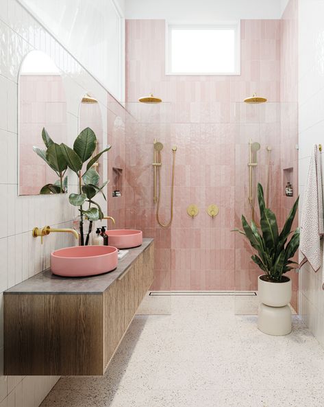 Pink Bathroom Tiles, Simple Bathroom Renovation, Beaumont Tiles, Pink Showers, Master Ensuite, Decor Studio, Pink Tiles, Bathroom Design Inspiration, Complete Bathrooms