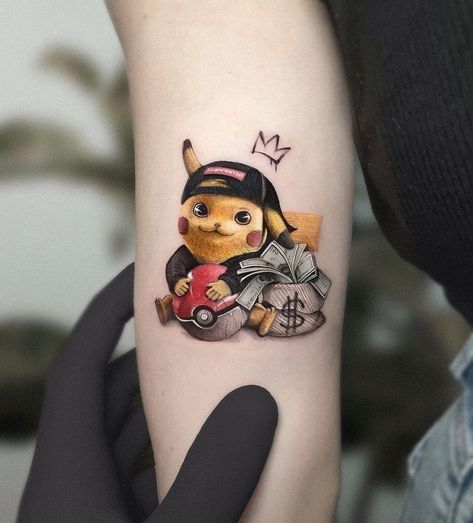 pikachu Pikachu Realistic, Realistic Color Tattoo, Pikachu Tattoo Design, Kozo Tattoo, Groot Tattoo, Deadpool Tattoo, Pikachu Tattoo, Tattoo Process, Elements Tattoo