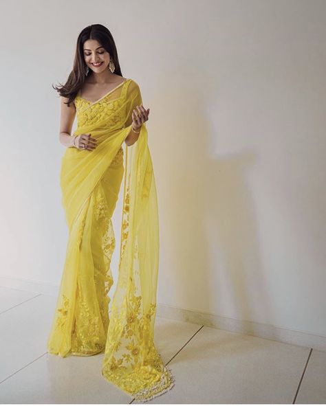 Yellow Haldi Outfit, Haldi Outfits, Color Outfits, Indian Fashion Saree, Saree Designs Party Wear, Yellow Saree, Saree Trends, Bridal Blouse Designs, Elegant Saree