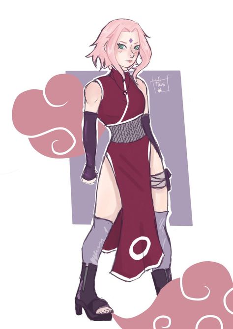 Sakura Haruno Outfit Ideas, Sakura Haruno Outfit Redesign, Sakura Haruno Redesign, Sakura Redesign, Sakura Haruno Outfit, Sakura Uchiha Fanart, Sakura Clothes, Naruto Redesign, Hinagiku Uzumaki