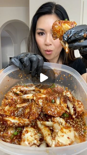 My Nguyen on Instagram: "Save this recipe for Korean Raw Marinated Crab! I used two pounds of frozen blue crab I bought from H Mart for $10. First rinse under cold water, cut sharp edges off and then soak in cold water and juice of one lime for 20 minutes to get of any fishy smell. The marinade is 1/2 cup gochugaru, 1/4 sugar, 1/4 soy sauce, 1/4 fish sauce, 1/4 sesame oil, 1/4 agave, 1/4 rice wine vinegar, 2 tablespoons minced garlic, 2 tbsps ginger paste and 1/4 sesame seeds. Refrigerate for 6 hours and top with green onions and serve with rice and roasted seaweed. #rawmarinatedcrab #koreanrawcrab #koreanrecipe #koreanfood #spicyfood #asianfood #asianrecipes #recipevideo #seafoodlover #seafoodrecipes" Spicy Raw Marinated Crab Recipe, Raw Crab Korean, Soy Marinated Crab, Marinated Crab Korean, Raw Marinated Crab Recipe, Korean Crab Recipes, Cooked Crab Recipes, Raw Marinated Crab, Blue Crab Recipe