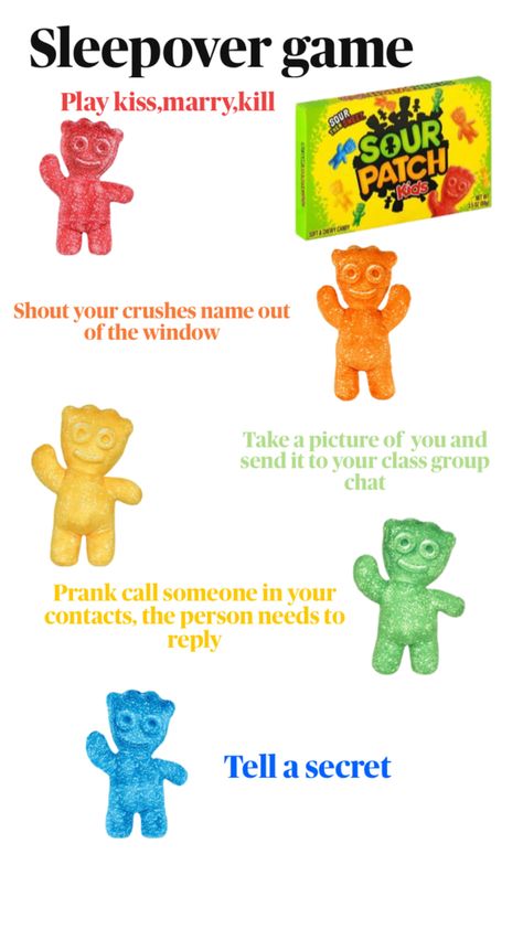 Sour patch kids game Sour Patch Game, Sour Patch Kids Game, Kid Game, Fun Sleepover Games, Kids Sleepover, Sleepover Games, Prank Calls, Kids Game, Sour Patch Kids