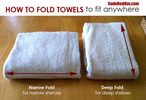 How To Fold Towels to fit any space. The Narrow Towel Fold and Deep Towel Fold explained - with lots of pics. From CodeRedHat.com Folded Towels, Fold Towels, Organize Life, Organizing Linens, Bathroom Closet Organization, Architecture Renovation, Folding Towels, Closet Shelf Organization, Linen Cupboard