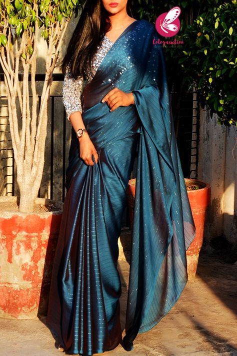 Teal Satin Saree, Blouse Ideas For Satin Saree, Teal Blue Blouse Designs, Satin Sarees With Designer Blouses, Designer Georgette Sarees Party Wear, Silver Blouses For Saree, New Designer Saree, Georgette Saree Draping Styles, Blouse Designs For Girls Saree