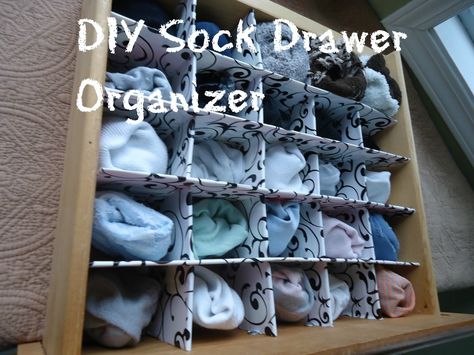 DIY Sock Drawer Organizer My sock drawer was a disaster. I had more socks without mates than not, and other miscellaneous "stuff" found ... Drawer Organization Diy, Sock Drawer Organizer, Sock Drawer Organization, Diy Storage Ideas, Diy Drawer Organizer, Sock Storage, Sock Organization, Drawer Organization, Drawer Divider