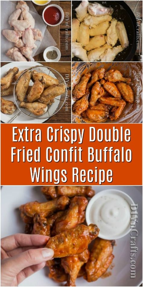 Extra Crispy Double Fried Confit Buffalo Wings Recipe #recipe #food #maincourse #buffalowings #hotsauce #crispy #yummy Confit Chicken Wings, Deep Fried Buffalo Wings, Double Fry Chicken Wings, Buffalo Chicken Wings Fried, Double Fried Chicken Wings, Buffalo Wings Recipe Fried, Buffalo Wings Fried, Buffalo Wild Wings Recipe, Crispy Buffalo Wings Recipe