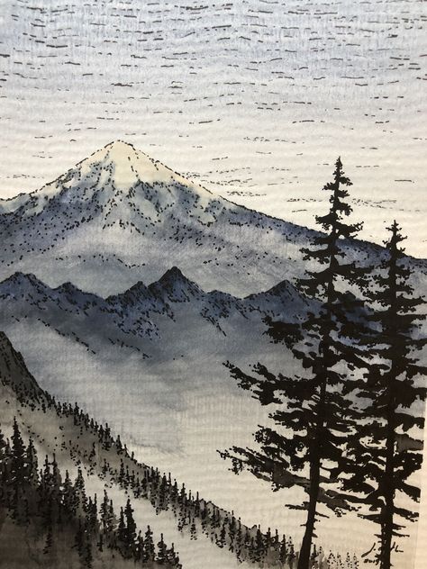 Mountain Drawing Sketches, Pnw Watercolor, Watercolor Forest Landscape, Watercolor Mountain Landscape, Mountain Inspiration, Pnw Art, Mountain Sketch, Watercolor Scenery, Drawing Scenery