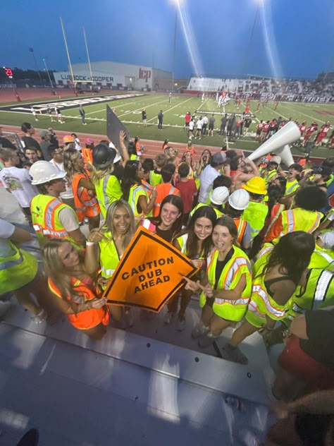 Construction Fb Game, Pool Party Themed Football Game, Construction Worker Football Theme, Construction Zone Football Theme, School Spirit Football Games, Neon Poster Ideas, Cheer Squad Ideas, Construction Vest Outfit Football Game, Hawiann Theme Football Games