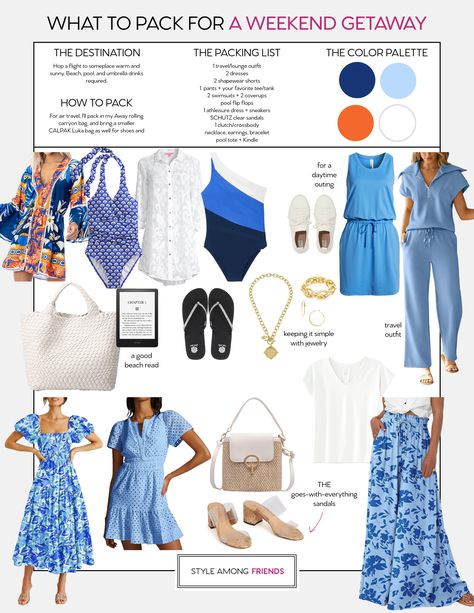 We're packing for a weekend getaway! The best part of being an empty nester is being able to travel on a whim. Check out this blue and white themed packing list for a beach trip. Everything you'll need from swim to dinner.  #over40andfabulous #over40fashion #over40mom #over50 #over50andfab #over50andfabulous  #over50lifestyle Beach Weekend Packing, Weekend Packing List, Tan Linen Pants, Summer Workout Outfits, Weekend Packing, Beach Packing, Beach Weekend, Scout Bags, Packing Lists