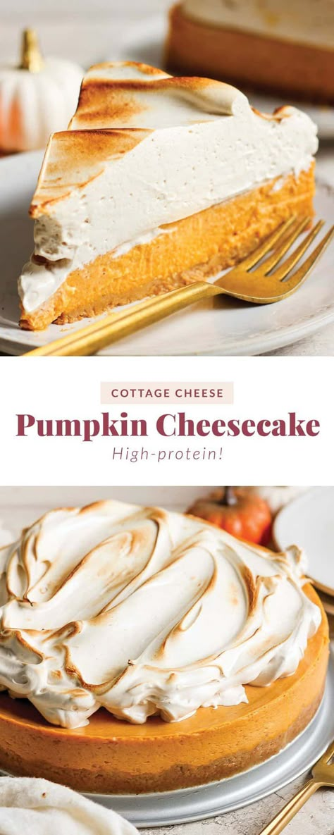 Cottage Cheese Pumpkin, Pumpkin Cheescake, Healthy Pumpkin Cheesecake, High Protein Cheesecake, Fall Sweets, Cottage Cheese Desserts, Meringue Topping, Pumpkin Delight, Protein Cheesecake