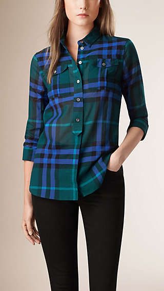 Placket Detail Check Cotton Shirt Burberry Shirt Women, Ladies Shirts Formal, Casual Leather Jacket Outfit, Checked Shirt Women, Blouses For Work, Checked Shirt Dress, Checkered Blouse, Burberry Shirt, Women Blouses Fashion