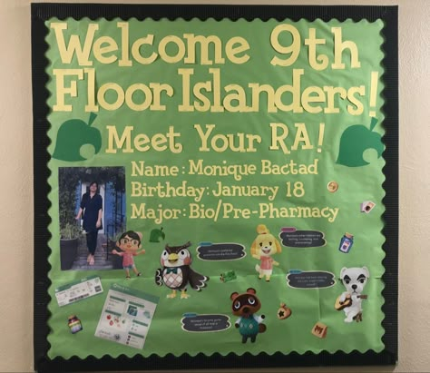 About Me Board, Hall Themes, Animal Crossing Classroom Theme, Animal Crossing Bulletin Board, About Me Board Ra, Animal Crossing Ra Bulletin Board, About Me Bulletin Board Ra, Dorm Floor Themes Resident Assistant, Ra About Me Board