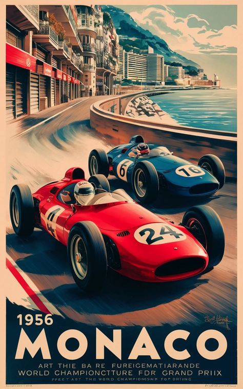 A captivating vintage poster for the 1956 Monaco Grand Prix, showcasing the unparalleled speed and glamour of this iconic racing event. Two sleek vintage racing cars are depicted racing past each other, one in striking red with the number "24" and the other in elegant blue with the number "16". The backdrop features the stunning architecture of Monaco, with its narrow streets and glittering Mediterranean Sea. The poster highlights the event date and its significance as part of the World Champion Racing Posters Vintage, Vintage Car Posters Ferrari, Vintage Race Poster, Monaco F1 Poster, Vintage Formula 1 Posters, Vintage Car Poster Design, F1 Posters Vintage, Vintage Cars Wallpaper, Retro Racing Poster