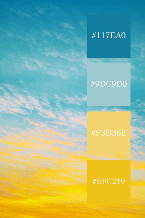 Sky at Sunset: The image showcases a serene sky transitioning from deep blue at the top to vibrant yellow near the horizon. The delicate interplay of blue and yellow palette creates a calming and picturesque scene. Blue Sunset Color Palette, Sky Blue Yellow Color Palette, Horizon Color Palette, Blue Yellow Color Scheme, Blue Yellow Color Palette, Blue And Yellow Palette, Blue Complementary Color, Color Scheme Generator, Sunset Color Palette