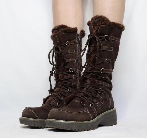 2000s Fashion Boots, Brown Clothes Aesthetic, Fairy Boots, Russian Boots, Strange Shoes, Brown Fur Boots, Brown Platform Boots, Thrift Board, Grunge Shoes