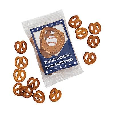 Bulk 48 Pc. Personalized Baseball Pretzel Packs | Oriental Trading Bow Gender Reveal, Salty Treats, Mini Pretzels, Baseball Party, Personalized Baseballs, On The Go Snacks, Play Ball, Fat Free, Bite Size