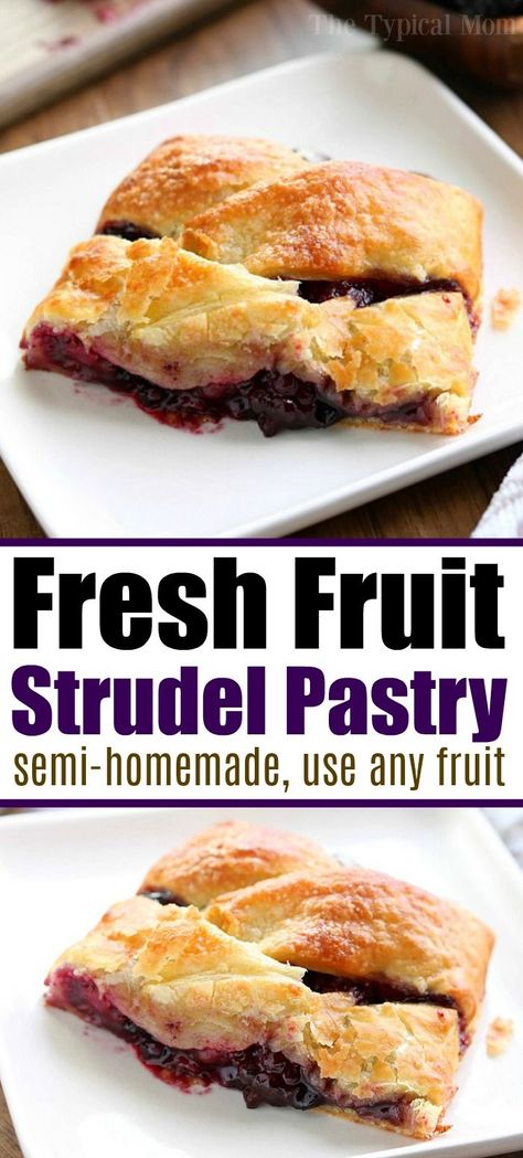 Easy strudel pastry filled with fresh fruit and made with puff pastry is here! A perfect holiday treat to serve at brunch, breakfast, or for dessert. #strudel #fruit #blackberry #dessert #pastry #puffpastry Puff Pastry Fruit, Pastry Fruit, Blackberry Dessert, Sweet Dinner Rolls, Easy Puff, Healty Dinner, Easy Puff Pastry, Fav Food, Fruit Filling