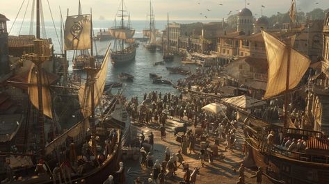 Midjourney AI Image: 15th century European port city during the Age of Exploration, ships in the harbor, people bustling ... → more in ai-img-gen.com Age Of Exploration, Harbor City, Port City, City Architecture, Small Boats, Book Ideas, 15th Century, Clear Water, Old And New