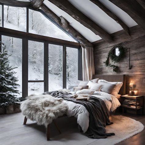 Bedroom In The Woods, Winter Cabin Bedroom, Winter Cabin Interior, Earth Tones Bedroom Decor, Cozy Winter Bedroom, Earth Tone Bedroom, Winter Bedroom Decor, Home Design Modern, Bright Bedroom