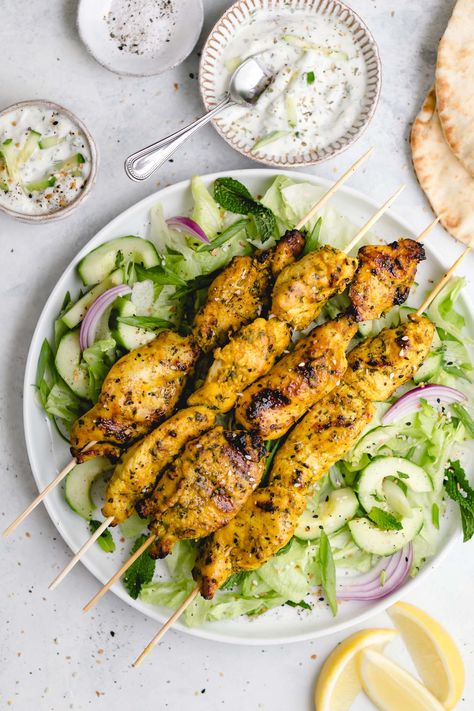 Grilled Chicken Skewers with Indian Marinade and Cucumber Raita (250 calories or 3 WW points) - Marinate chicken breast in this fragrant and flavor-packed Indian marinade for a delicious, summery Indian meal. Made with curry powder, turmeric, coriander, garlic, lemon, and cilantro, the marinade recipe infuses the chicken skewers with lots of rich, warm, complex flavor. Add a cool, refreshing cucumber raita (yogurt sauce) to round out the meal! Indian Marinade, Chicken Breast Tenderloins, Marinate Chicken, Cucumber Raita, Indian Meal, Grilled Chicken Skewers, Yogurt Chicken, Marinating Chicken Breast, Ww Points