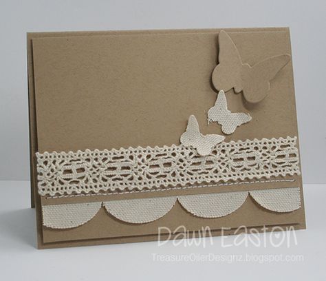 kraft card with canvas and ecru  cotton lace...great idea for embellishments on kraft.. Cards With Lace, Kraft Paper Cards Handmade, Kraft Cards Handmade, Kraft Paper Cards, Vintage Cards Handmade, Kraft Cards, Butterfly Craft, Creative Birthday Cards, Simple Scrapbook