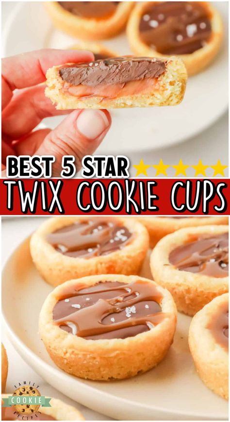 Twix Cookie Cups are so easy to make with pre-made cookie dough, caramels and chocolate chips! Mini Chocolate Chip Cookie Cups, Easy Cookie Cups, Make Ahead Lemon Desserts, Easy Amazing Cookie Recipes, Twix Cookie Cups, Tart Cookies, Twix Dessert Recipes, Easy Bake Sale Items, Best Bake Sale Items