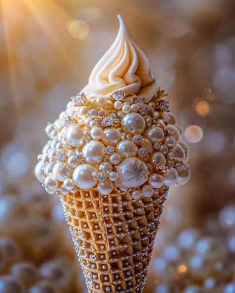 Pearly ice-cream #icecream #ice #pearls #jewelry #dessertgram #icecreamlover #icecreamtime #instadessert #sweettooth #dessertsofinstagram #dessertlovers #dessertporn #midjourney #midjourneyfood #aiartificialintelligence #aiart #thisisaiart #illustrious_aiart Ice Cream Cone Art, Crystal Food, Fairytale Food, Amazing Food Decoration, Luxury Food, Pearls Jewelry, Fake Food, Food Themes, Canvas Wall Decor