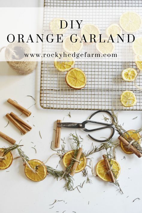 Dried Orange Garland Blog Rocky Hedge Farm Homemade Fall Garland, Diy Winter Decorations For Home, Orange Garland Fall, Diy Orange Garland, Solstice Decorations, Fall Garland Diy, Diy Fall Garland, Dried Orange Garland, Window Paintings