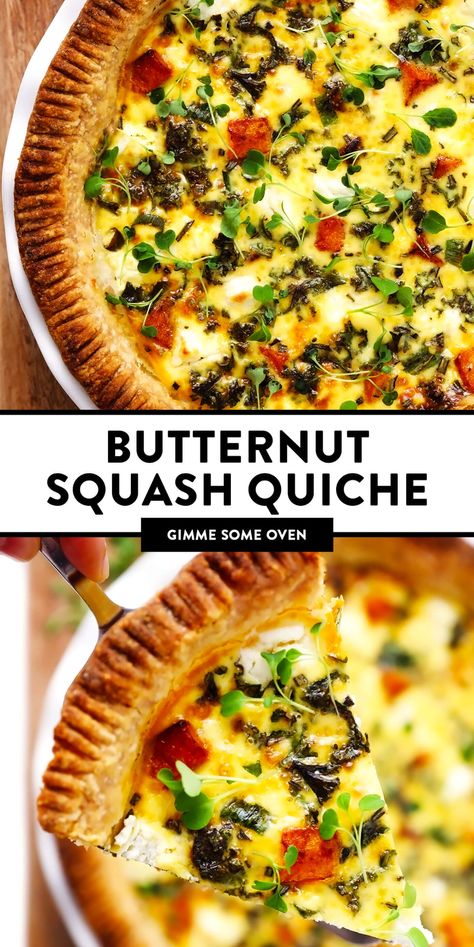 Thanksgiving Quiche Recipes, Egg Bake Vegetarian, Butternut Squash Quiche, Squash Quiche, Friendsgiving Brunch, Quiche Breakfast, Winter Flavors, Goat Cheese Quiche, Garlicky Kale