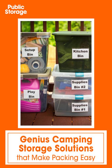 These camping storage ideas from our expert tips on the Public Storage blog will you store and organize your gear if you're hitting the road on a whim. Camping Box Organization, Camping Storage Ideas Tent, Camping Storage Ideas, Camping Equipment Storage, Small Tent, Camping Box, Camping Storage, Decluttering Tips, Camping Checklist