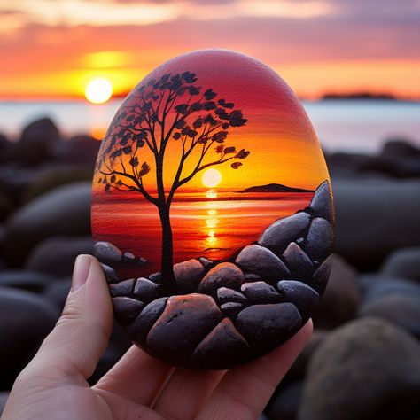 33 Inspirational Ideas for Rock Painting Landscapes - In The Playroom Painting On Pebbles Stone Art, Sunrise Rock Painting, Painted Rock Landscaping Ideas, 3d Painted Rocks, Painting Stones And Rocks, Paint On Stone, Beautiful Painted Rocks, Painting On Stones Ideas, Painted Rocks Landscape