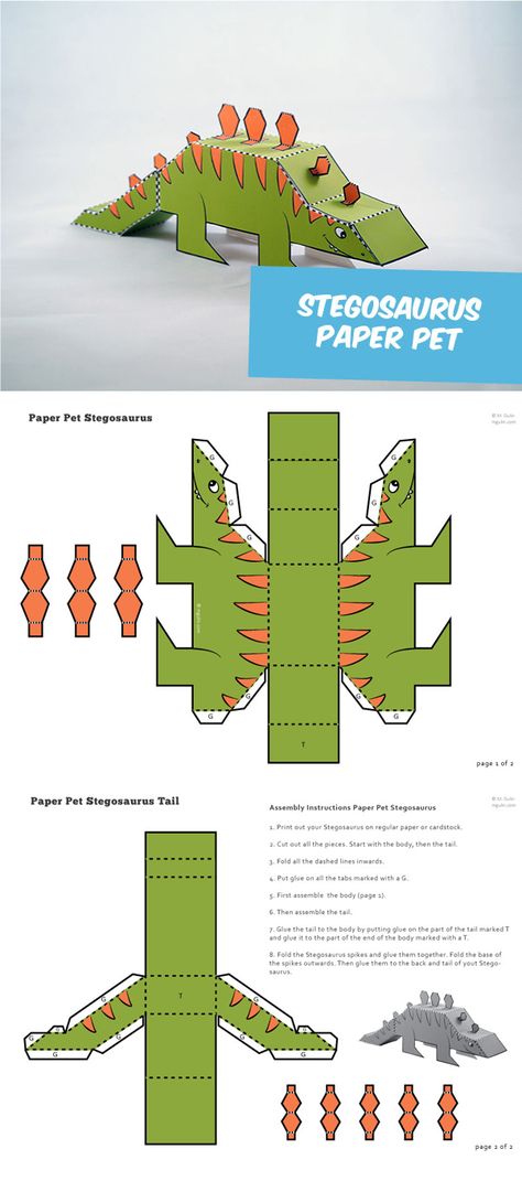 Create your own paper pet Stegosaurus. Great paper craft for kids! Paper Craft For Kids, Toys Ideas, Dinosaur Crafts, Papercraft Templates, Paper Toy, Children Toys, Paper Animals, 3d Paper Crafts, Paper Model