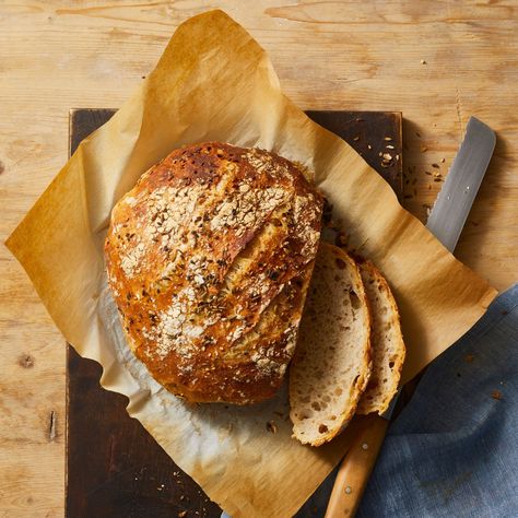 Seeded bread on parchment paper Seeded Bread, Jim Lahey, Knead Bread Recipe, Roasted Apples, Pastry School, Food Bread, Seed Bread, Knead Bread, No Knead Bread