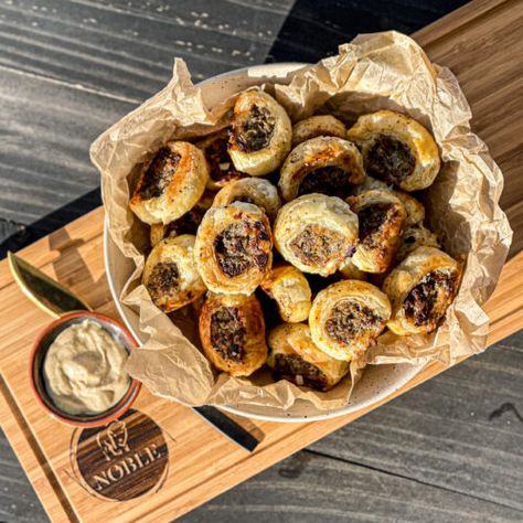 Bison Sausage Rolls | Noble Premium Bison Bison Appetizers, Sausage Appetizers, Ground Bison, Sausage Roll, Appetizer Platters, Sausage Rolls, Dry Mustard, How To Cook Sausage, Saute Onions