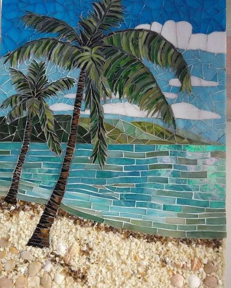 Mosaic Ocean Scenes, Mosaic Palm Trees, Mosaic Beach Ideas, Mosaic Landscapes Ideas, Beach Mosaic Ideas, Mosaic Beach Scenes, Mosaic Projects Ideas, Palm Tree Mosaic, Mosaic Sea Life