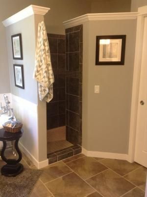 Love the no glass, no squeegee design of this shower. Shower Tiling, Floorplan Ideas, Bathroom Makeovers, Dream Goals, Basement Bathroom, Hiding Places, Laundry In Bathroom, Bathroom Tile, Bath Remodel