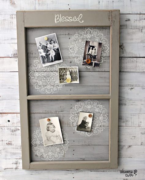 Another Project for my Repurposed Photo Holder Gallery Wall Window Screen Ideas, Window Screen Crafts, Old Window Screens, Sunroom Windows, Old Window Frames, Wooden Screen Door, Vintage Crib, Window Projects, Rustic Window