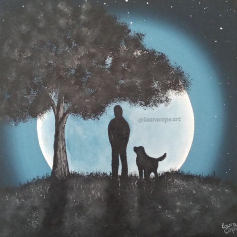 Moon Silhouette Man and Dog Moonscape Blue Moonlight Abstract Dog Sitting On Moon Tattoo, Dog On The Moon Tattoo, Dog Silhouette Painting, Dog Shadow Painting, Man And Dog Painting, Man And Dog Silhouette, Wolf And Moon Silhouette, Forest Sketch, Couple In Moonlight Painting